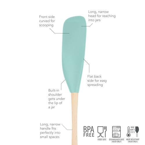 Tovolo Flex Core Jar Scraper With Wood Handle Long Silicone Spatula For Peanut Butter Jelly Jars, Heat Resistant BPA Free Long Handle Jar Spatula for Scraping Spreading Aqua Seafoam Green