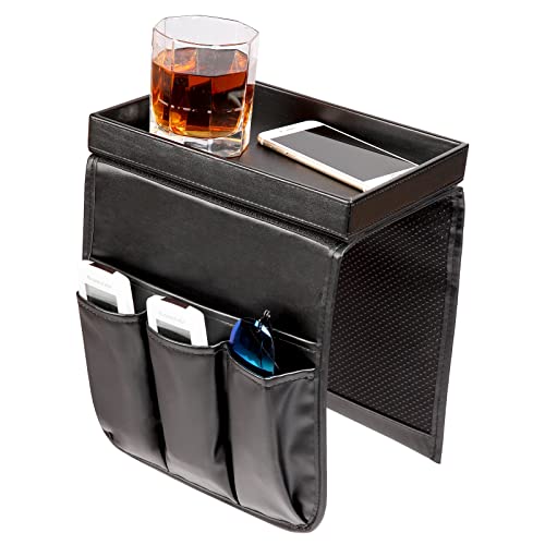 Couch Caddy, Armchair caddy with Detachable Tray, Non-Slip PU Leather Remote Control Holder for Recliner with 5 Pockets (Black) - color: Black