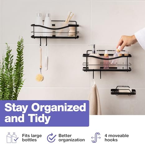 KINCMAX Shower Caddy and Soap Holder Set, Rustproof SUS304 Stainless Steel, Adhesive Wall Mount Double Baskets 2-pack with Hooks (Matte Black) - color: Matte Black, size: 2-Pack Caddies + Soap Holder