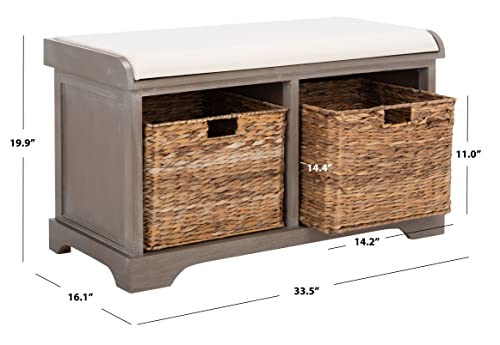 SAFAVIEH Home Collection – Freddy White Wash Storage Bench with Wicker Baskets & Cushion, Entryway Seating Bench, Fully Assembled (AMH5736G) - color: White Washed