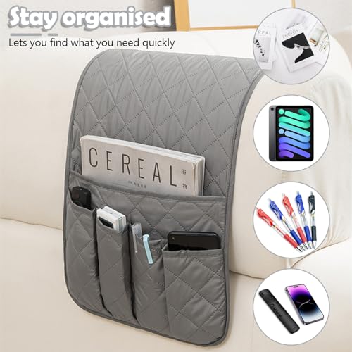 Huakaile Foldable Remote Control Holder Non-Slip Couch Sofa Chair Waterproof Armrest Organizer with 5 Pockets Armrest Organizer Couch Recliner Caddy Fits for Ipad, Phone, Magazines (Grey)