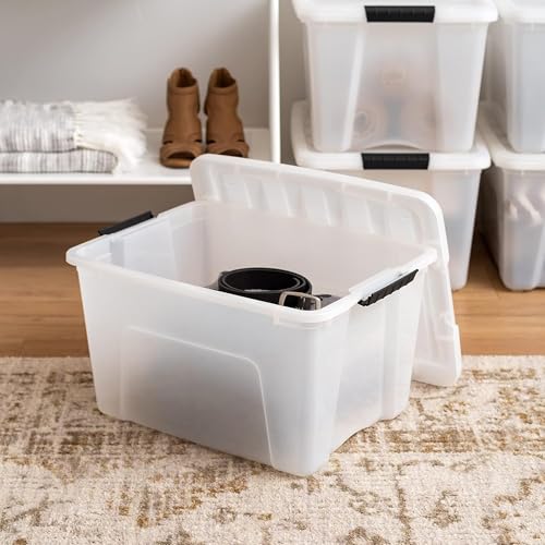 IRIS USA 40 Qt Stackable Plastic Storage Bins with Lids, 4 Pack - BPA-Free, Made in USA - Discreet Organizing Solution, Latches, Durable Nestable Containers, Secure Pull Handle - Pearl - size: 40 Qt, style: 4 Pack