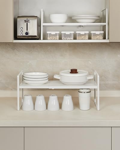 Nxconsu 2 Pack Cabinet Shelf Organizer Stackable 2-Tier, Expandable Width (13.4"–24.8"), 10-Level Adjustable Height, Metal Counter Shelf Riser for Kitchen Cupboard Pantry Under Sink, White, Non-Slip - size: Standard Depth (8.6") - 2 Pack
