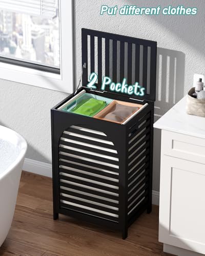 Laundry Hamper, 22.5 Gallon (85L) Bamboo Wood Clothes Laundry Basket with Lid and Handles, Removable Liner (Black, Large) - color: Black, size: Large