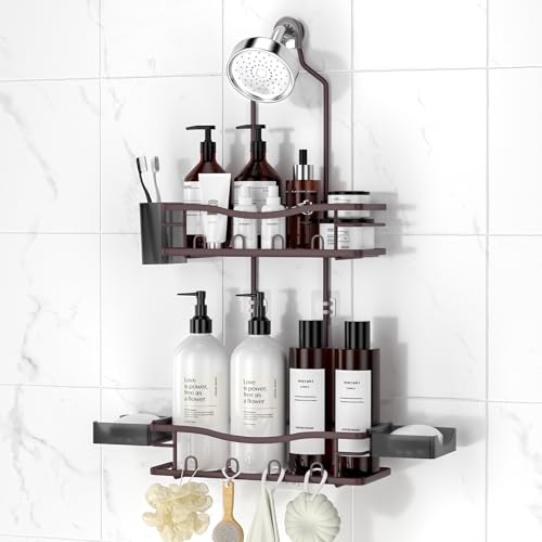 REINHARDT Shower Caddy Hanging, Rustproof Shower Caddy Anti-Swing Shower Organizer No Drilling Showers Racks with Soap Holder Multi Hooks Bathroom Storage for Shampoo Sponge, Bronze - color: Bronze