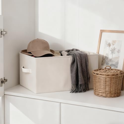 3 Pack Linen Storage Baskets with Handle,Large Foldable Closet Storage Bins for Shelves, Toys, Sheets, Clothes Organization,18"×11"×8",Beige