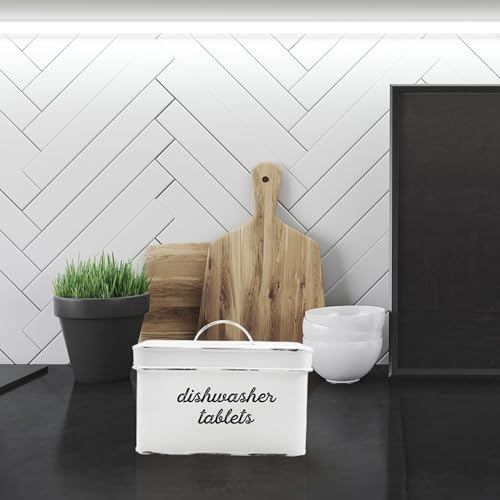 AuldHome Design Dishwasher Pod Holder, Tablet Container; White Enamelware Rustic Kitchen Storage Tin w/ Lid
