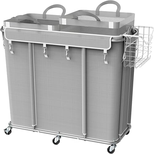 Simple Houseware Extra Large 2 Section Rolling Laundry Cart 265L (70 Gal) – Heavy Duty Hamper with 2 Removable Bags & 6 Smooth Wheels – Commercial Laundry Organizer for Home, Hotel, Dorm, Gym, Gray