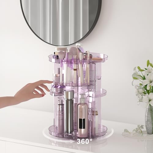 Rotating Makeup Organizer, DIY 8 Adjustable Layers Spinning Skincare Storage, Cosmetic Display Case with Brush Holder and Perfume Tray, Multi-Function Vanity Bathroom Countertop Organizer Clear Purple - color: Clear Purple