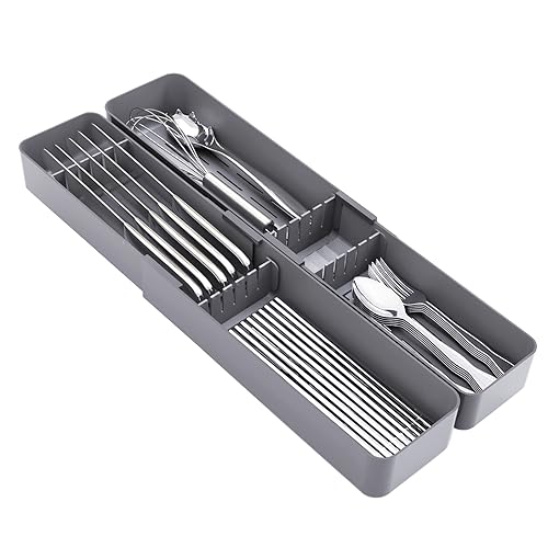 Kitchen Drawer Silverware Organizer, Adjustable Cutlery Organizer, Expandable Utensils Holder, Silverware Dividers Tray, Storage for Flatware, Large Drain Board (Gray,2 Sets)