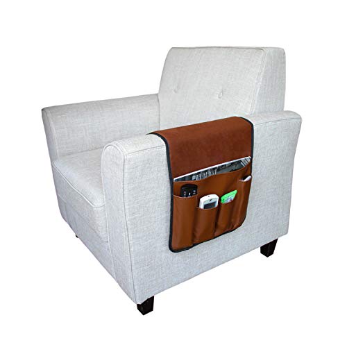 IPENNY No-slip Leather Sofa Couch Remote Control Holder Chair Armrest Caddy Pocket Organizer Storage Bag for Cellphone Tablet Notepad Book Magazines DVD Eyewears Drinker Snacks Holder Pouch - color: Coffee (Leather + Suede fabric)