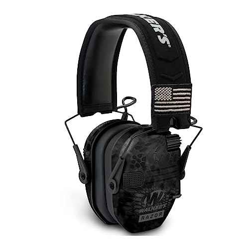 Walkers Razor Patriot Series Hi-Gain Omnidirectional Microphone Electronic Muffs (Kryptek Camo) Bundle with Walkie-Talkie Attachment, Protective Sport Glasses and Cleaning Cloth (4 Items)