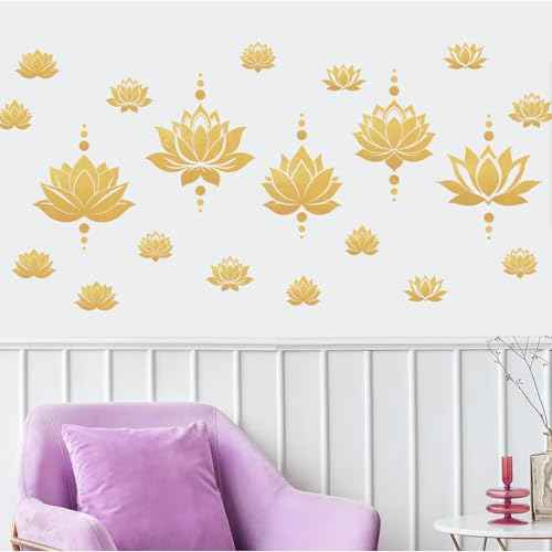 PLIGREAT 2 Sheets Lotus Flower Wall Decals DIY Gold Dot Removable Vinyl Stickers for Yoga Center Bedroom Living Room Zen Room Meditation Home Background Wall Art Decor Yoga Lovers Gift