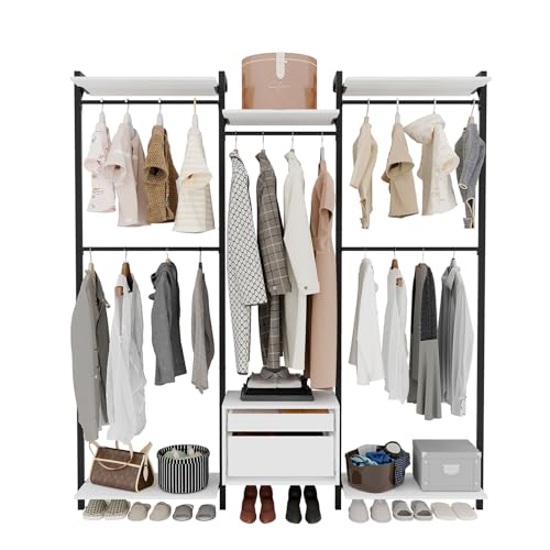 Wall-Mounted Steel & Wood Closet Organizer System with 4 Adjustable Shelves, 5 Hanging Rods, and 2 Drawers – Modern Open Wardrobe, White - color: BC03-white