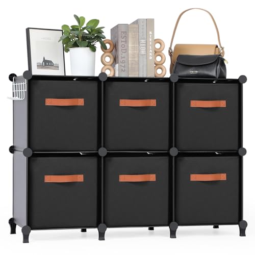 Cube Storage Organizer with Storage Bins, 6-Cube Shelves Units with 6 Organizer Bins, DIY Plastic Storage Shelves with Mallet, Closet Clothes Storage Shelves for Home, Bedroom, Living Room