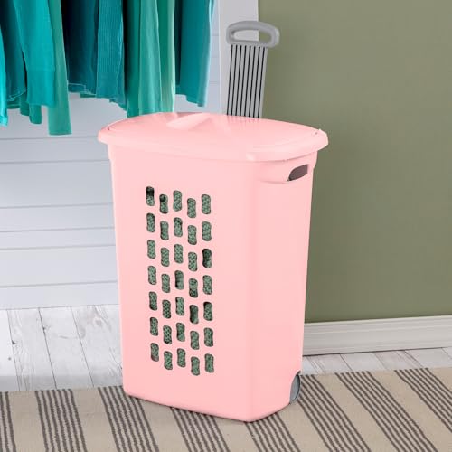 Sterilite 3 Pack Ultra Wheeled Hamper, Plastic Laundry Basket Clothes Bin with Wheels, Flip Top Lid and Retractable Handle, Pink Frost - color: Pink Frost