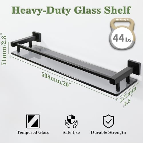 Alise Glass Shelf for Bathroom 20 inch, Matte Black Glass Floating Shelves, Stainless Steel Glass Bathroom Shelves Wall Mounted - color: Matte Black, size: 20 Inch