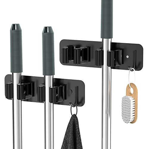 homeasy Wall Mount Mop and Broom Holder, Heavy Duty Stainless Steel Organizer Rack with Hooks | 2-Pack, 2-in-1 No Drill & Screw Installation, Black - color: Black-2