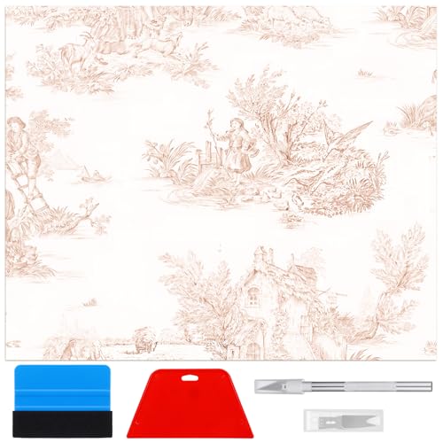 18ft x 20.5 Inch Pink Chateau Toile Peel and Stick Wallpaper with Smoothing Tool Kit Blush Removable Self Adhesive Vintage Wallpaper Toile Contact Paper for Bedroom Bathroom Walls Covering