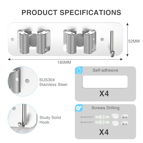 homeasy Wall Mount Mop and Broom Holder, Heavy Duty Stainless Steel Organizer Rack with Hooks | 4-Pack, 2-in-1 No Drill & Screw Installation, Silver - color: Silver-4