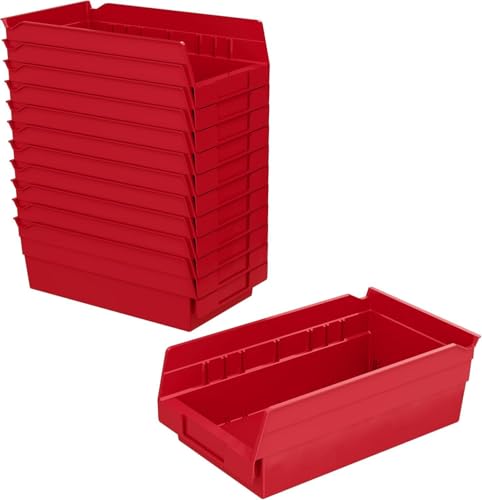 Akro-Mils 30130 Plastic Shelf Bins, Heavy Duty Storage Bins for Garage, Closet, and Drawer Organization, 12" x 6-1/2" x 4", Red, 12-Pack - color: Red