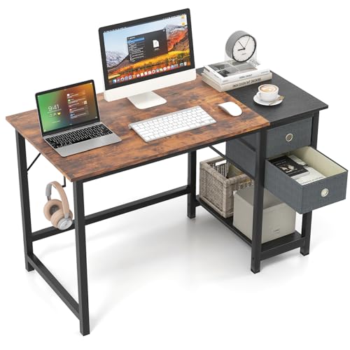 Tangkula 48-Inch Computer Desk with 2 Drawers, Modern Home Office Desk with Hanging Hook & Storage Shelf, Multipurpose Writing Desk for Study Bedroom (Rustic Brown, 48")