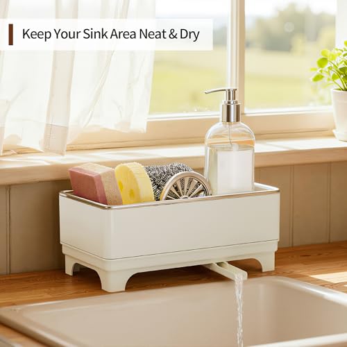 Sponge Holder for Kitchen Sink – Rustproof Stainless Steel, 360° Rotating Drain Pipe, Large Counter Organizer with Drip Tray for Sponges, Brushes & Dish Cloths Off-white - color: Off-White 1