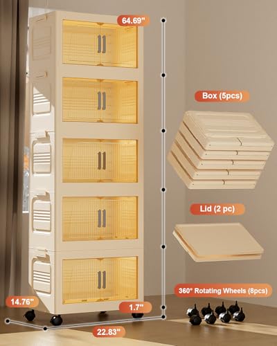 380QT Stackable Storage Bins with Lids 5 Pack, 95Gal Storage Containers with Smooth-Rolling Wheels, Plastic Closet Organizers and Storage, Collapsible Storage Bins for Home, Office and Dorm - style: 5 Pack