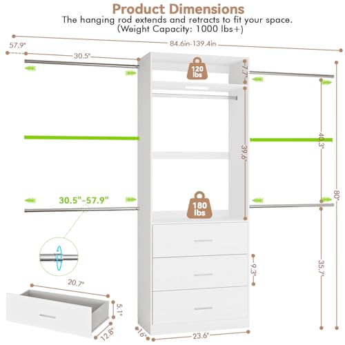 Wooden Closet System With LED Light 11FT Closet Organizer with 3 Wooden Drawers Walk-in Closet Organizer System with Tower and 4 Extendable Hanging Rods White