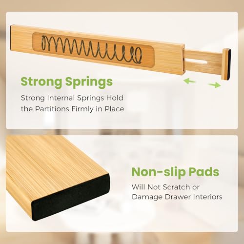 Fyvva Drawer Divider, Adjustable Bamboo Kitchen Drawer Organizer, Spring Loaded Drawer Organizer, Dresser Separators for Kitchen, Bathroom, Clothes, Office Desk Storage (Natural, 8 Pack Large) - size: 8 Pack Large