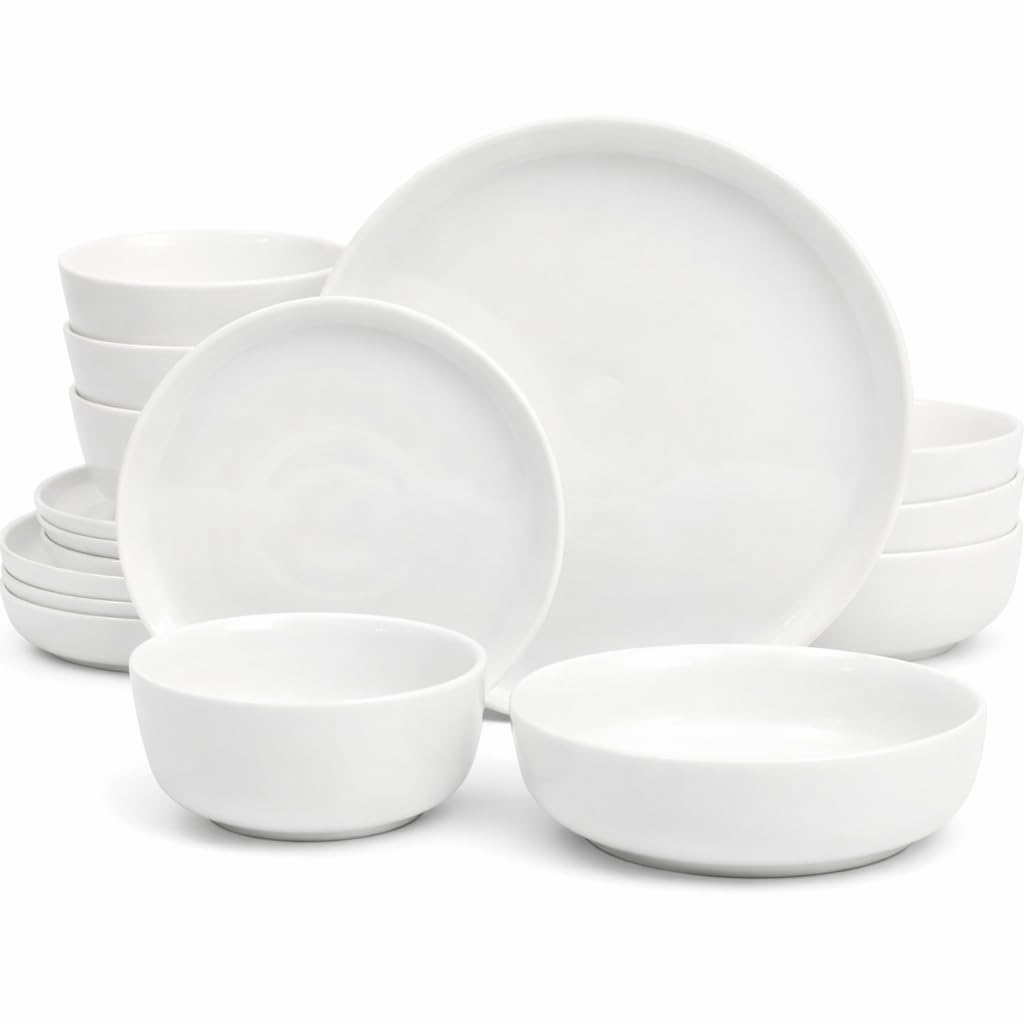 Gibson Home Melbourne White Plates and Bowls Set, 16 Piece Embossed Ceramic Dinnerware Set - Service for 4 Dishes - With Pasta Bowl