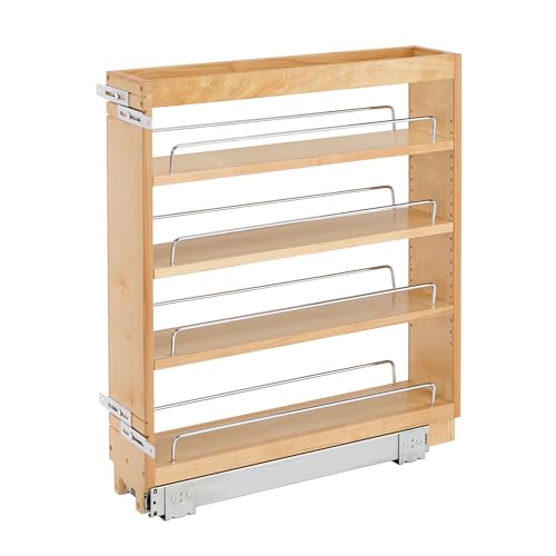 Rev-A-Shelf 5" Wood Pullout Kitchen Cabinet Organizer for 5.5" W Opening - Spice Caddy & Seasoning Rack Sliding Storage with Adjustable Shelves for Pantry Organization, 448-BC-5C - size: 5"W"