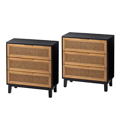 COZAYH Farmhouse 3-Drawer Nightstand, Set of 2 Woven Cane Front Accent Dresser with Brass Pull, Fully-Assembled, Black - color: Black, style: 3 Drawer/2 pack