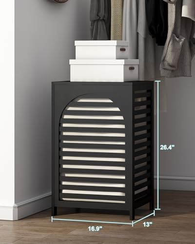 Laundry Hamper, 22.5 Gallon (85L) Bamboo Wood Clothes Laundry Basket with Lid and Handles, Removable Liner (Black, Large) - color: Black, size: Large