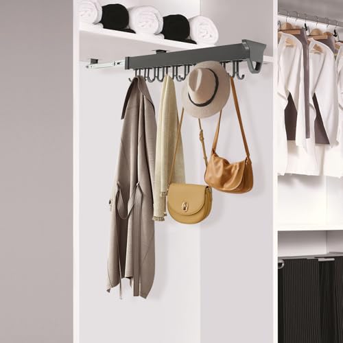 Pull Out Broom Holder Wall Mount, 20-Hook Slide Rail Organizer with Damping System, 66lb Heavy Duty Brooms and Mops Pull Out Storage Rack for Brooms/Mops/Clothes, Laundry Room & Kitchen, Black