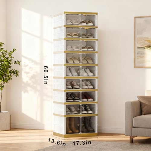 SYNCVIBE Shoe Rack Organizer for Closet Entryway Foldable Sneaker Storage Shoe, Collapsible Shoe Cabinet, Stackable Shoe Storage Cabinet with Lids for Living Room (9 Tiers -18 Pairs White Gold) - size: 9 Tiers -18 Pairs White Gold