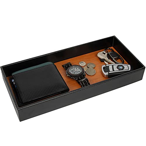 JACKCUBE Design Leather Bamboo Valet Tray for Men, Catch All Trays for Key, Phone, Wallet, Coin, Sunglasses, EDC Dump Storage (Black) - MK205A - color: Black