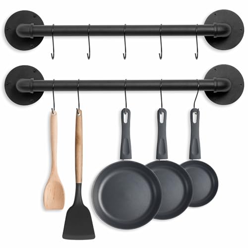 Pot Pan Rack Wall Mounted Set of 2, 21" Industrial Pipe Utensils Hanger Holder Pots Storage Organizer Iron Detachable Hanging Rail for Kitchen with 10 S Hooks… - size: 21 Inches