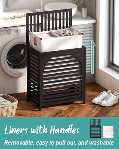 Black Laundry Hamper, Laundry Hamper with Lid, 27.3 Gallon (103L) Bamboo Wood Clothes Laundry Basket with Lid and Handles, Removable Liner - color: Black, size: Extra Large