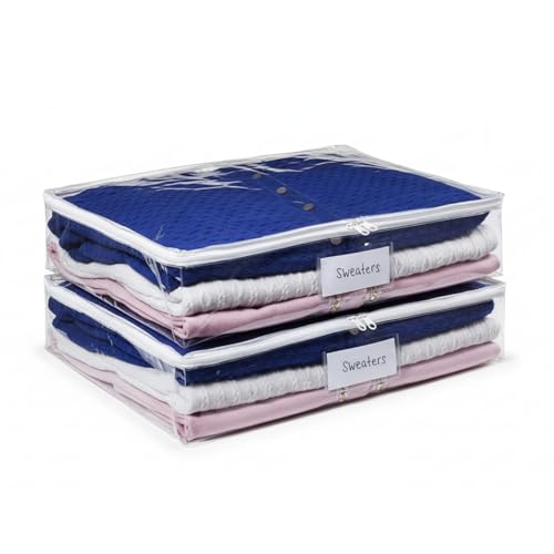 Masirs Clear Sweater Storage Bags 2-Pack – Zippered Vinyl Organizers with Label Pocket, Durable Dustproof Clothing Storage for Sweaters, Blankets, Linens, Underbed & Closet Use - size: Sweater Storage Bag