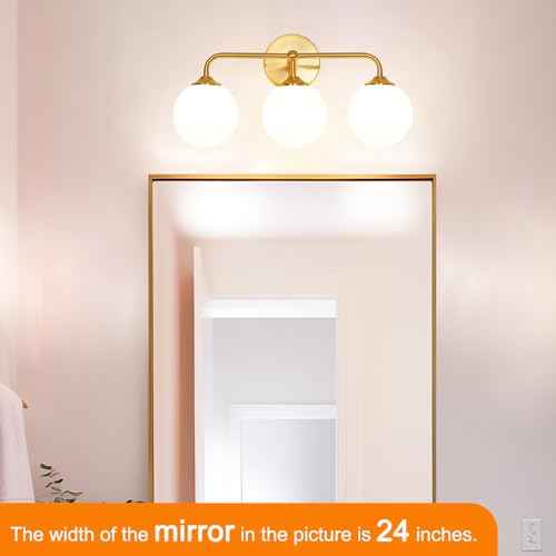Modern Brushed Gold 3-Lights Vanity Light Fixtures with Milky White Glass Ball Shades, Mid Century Brass Wall Sconce Lighting Fixtures over Mirror, Wall Sconces for Bathroom Dressing Table Bedroom
