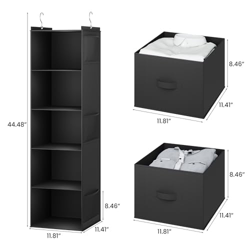 YOUDENOVA Hanging Closet Organizer, 5 Tier Hanging Closet Shelves with 6 Side Pockets and 2 Drawers, Black - color: Black