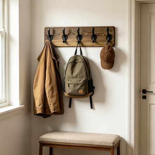 17" Coat Rack Wall Mount, Rustic Wall Mounted Coat Rack, Pine Solid Wood Coat Hook Hanger with 5 Metal Hooks- Wall Coat for Hanging Clothes Key Robes Towels Coats - color: Brown, size: 17 inch