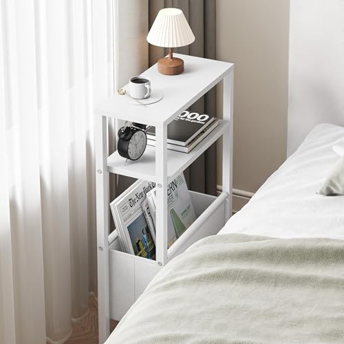 Narrow Side Table, Slim End Table with Magazine Rack, Bedside Table for Small Spaces, 3 Tier Sofa Couch Table Nightstand for Living Room, Bedroom, White LET503W - color: White