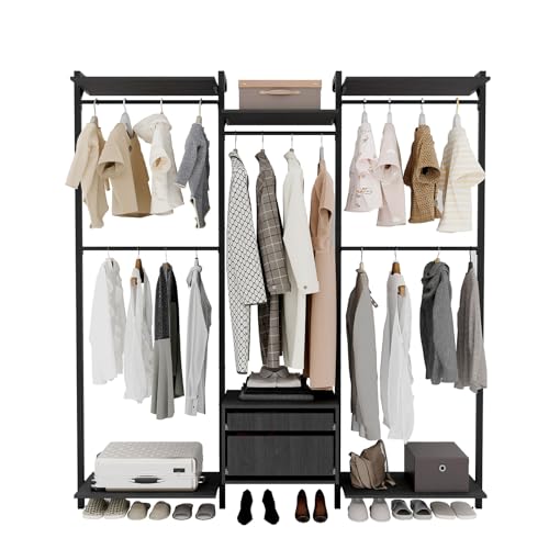 Wall-Mounted Steel & Wood Closet Organizer System with 4 Adjustable Shelves, 5 Hanging Rods, and 2 Drawers – Modern Open Wardrobe, Black - color: BC03-black