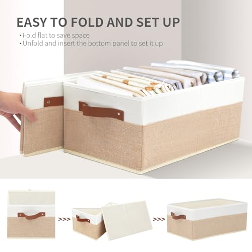 6 Pack Fabric Storage Bins, Large Storage Baskets for Shelves, Foldable Closet Organizer Storage Boxes with Leather Handles for Clothes, Sheets, Jeans, Toys, Books (Beige and White) - style: 6 Pack Beige & White