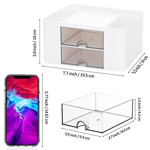 Desk Organizer with 2 Drawer, Plastic Desktop Pen Pencil Card Holder Storage Box for Desk, Office Supplies, Vanity Table Office School Home (White) - color: White