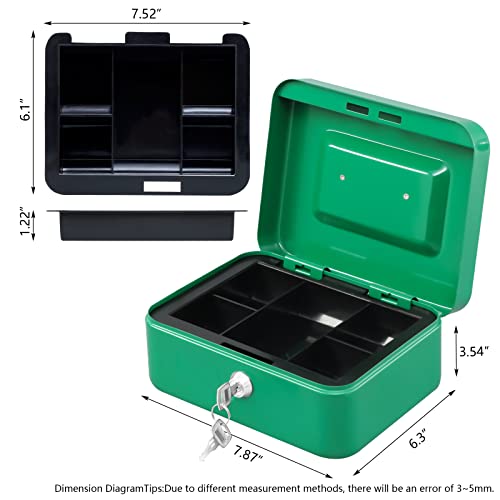 KYODOLED Medium Cash Box with Money Tray,Small Safe Lock Box with Key,Cash Drawer,7.87"x 6.30"x 3.54" Green Medium - color: Green, size: Medium