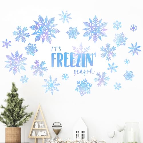 Mfault Winter Blue Snowflake Wall Decals Stickers, It's Freezin' Season Snow Decorations Bedroom Art, Seasonal Christmas Home Kitchen Decor