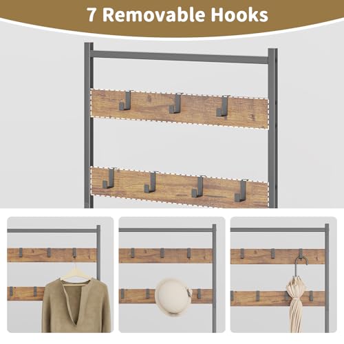 Coat Rack Hall Tree with Shoe Storage, Entryway Hall Tree Storage Bench, Wood Look Accent Furniture with Metal Frame, 3-in-1 Design, Rustic Brown - color: Brown